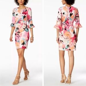 Nine West Elegant Floral Bell Sleeves Sheath Dress. Size 14